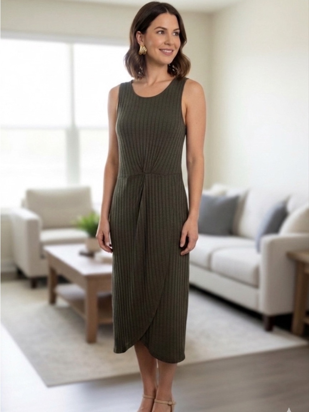Sleeveless Ribbed Olive Green Midi Dress & Gold Fashion Earrings
